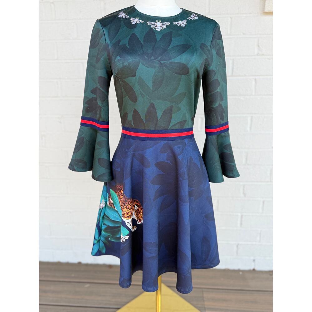 Ted Baker London Emileen Houdini Skater Dress Floral Cheetah Bell Sleeve Sz 4